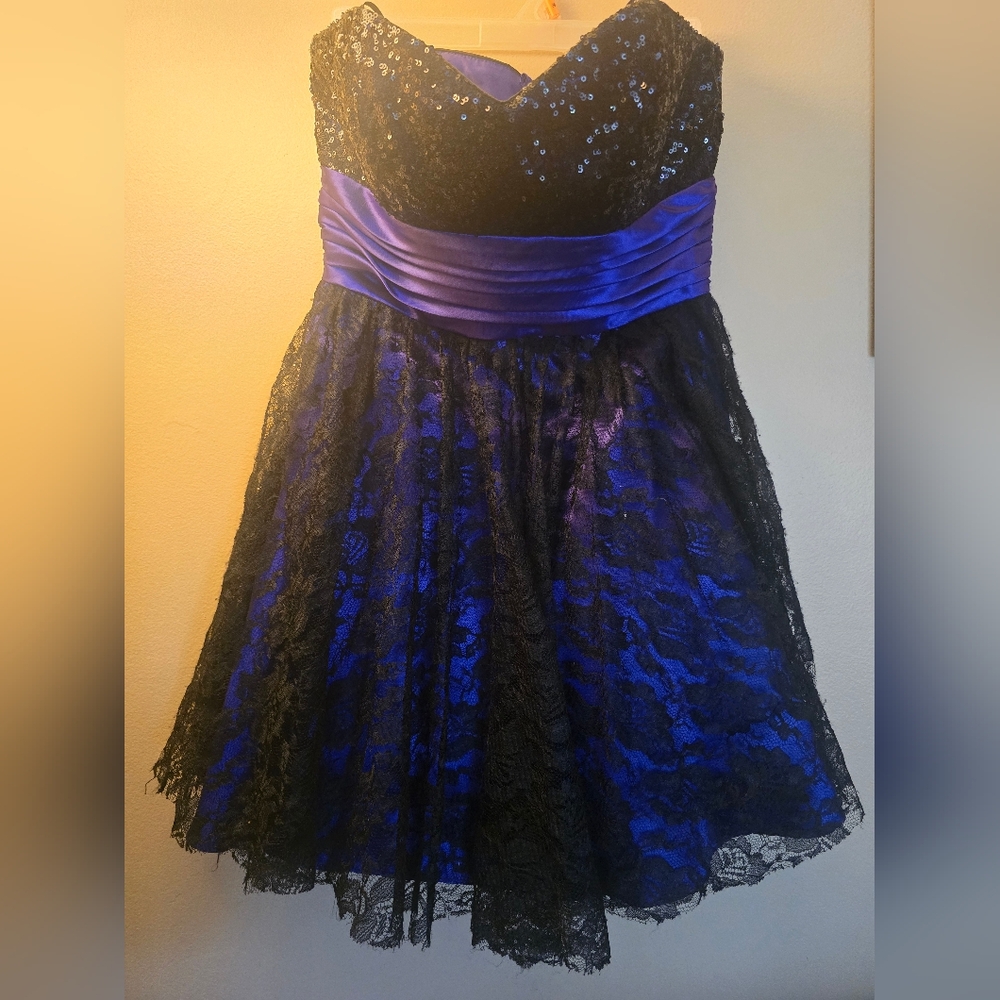 Black and Blue Lace Dress with Purple Sash